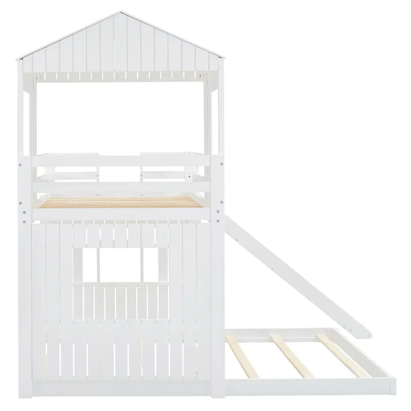 Wooden Twin Over Full Bunk Bed, Loft Bed With Playhouse, Farmhouse, Ladder, Slide And Guardrails - W