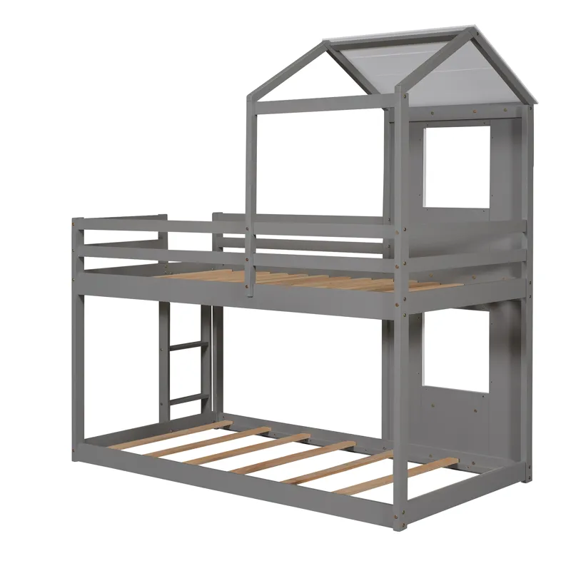 Twin Over Twin Bunk Bed Wood Bed With Roof, Window, Guardrail, Ladder - White