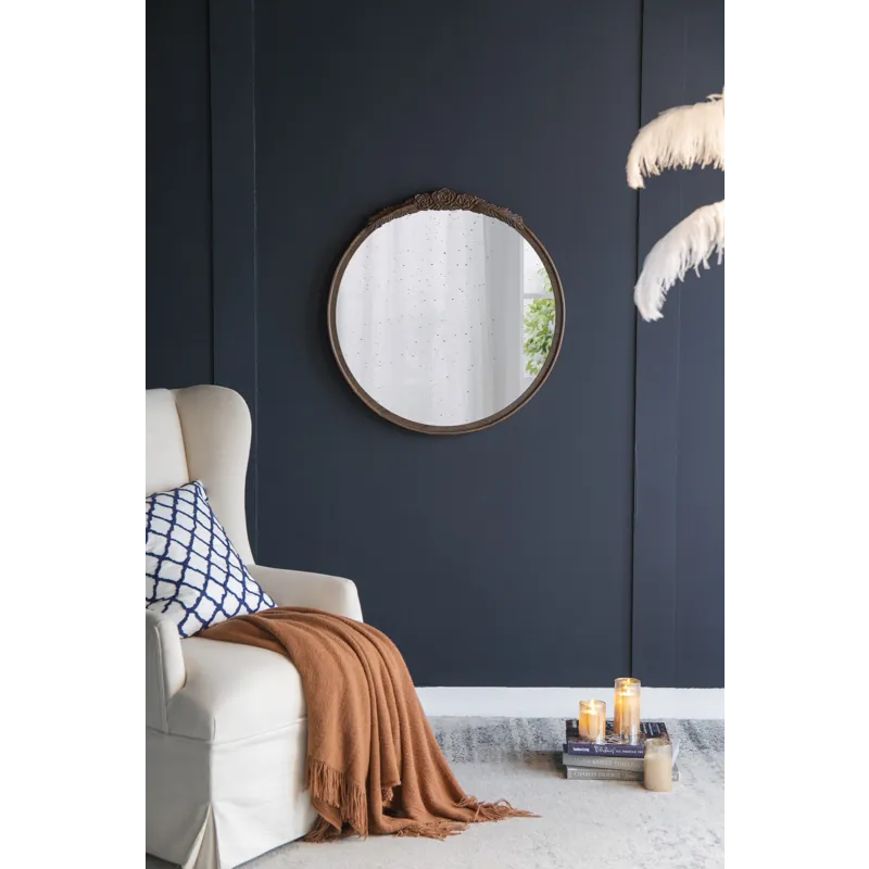 Round Hand Carved Rose Antique Mirror Frame, Wall Mirror For Live Space, Bathroom, Entryway Wall Dec