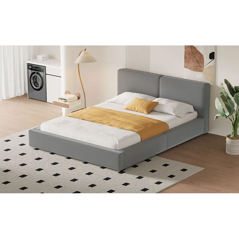 Queen Size Upholstered Platform Bed With , Grounded Bed With Solid Frame - Gray