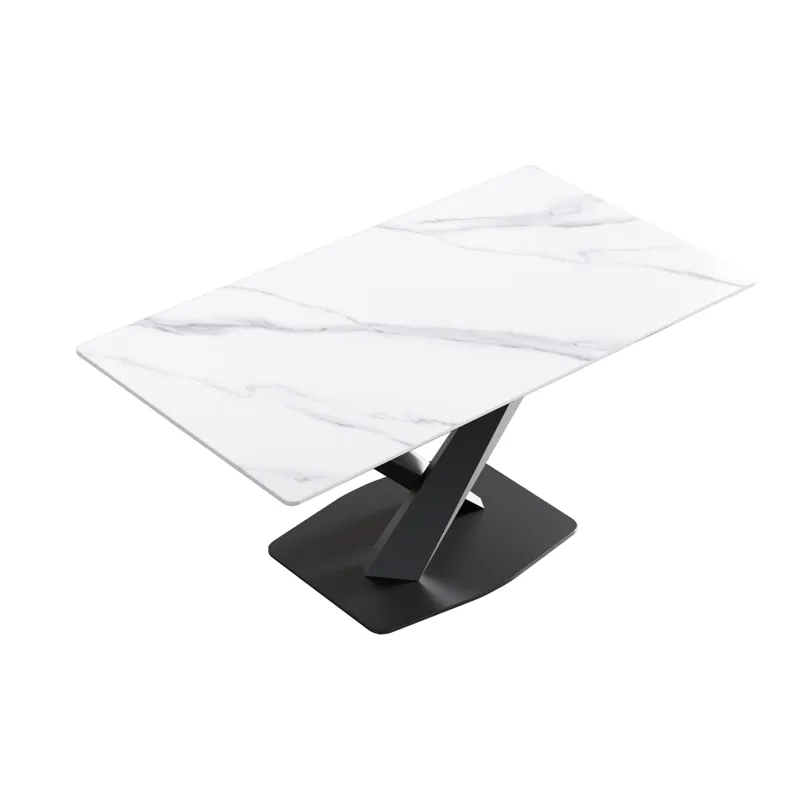 63\" Modern Artificial Stone Straight Edge Metal X-Leg Dining Table, 6 People - White / Black