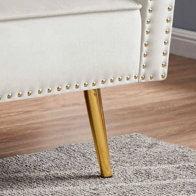 Velvet Tufted Sofa Couch With 2 Pillows And Nailhead Trim - Beige