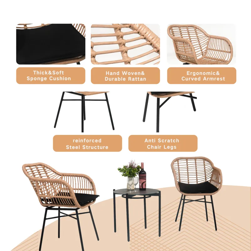 3 Pieces Of Luxury Outdoor Wicker Furniture, Patio Bistro Style Table And Chair Combination, Weather