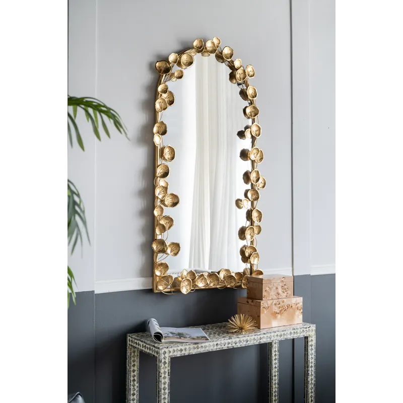 Full Length Arched Wall Mirror With Leaf Accents, Decorative Mirror For Living Room Bedroom - Golden