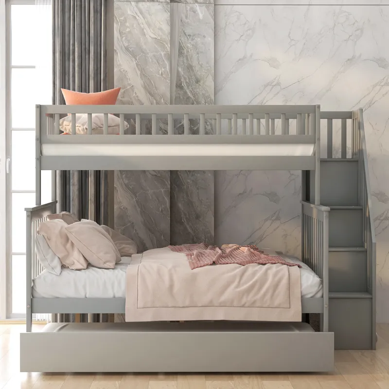 Twin Over Full Bunk Bed With Trundle And Staircase - Gray