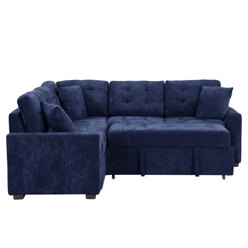 L-Shape Sofa Bed Pull-Out Sleeper Sofa With Wheels, USB Ports, Power Sockets For Living Room - Navy 