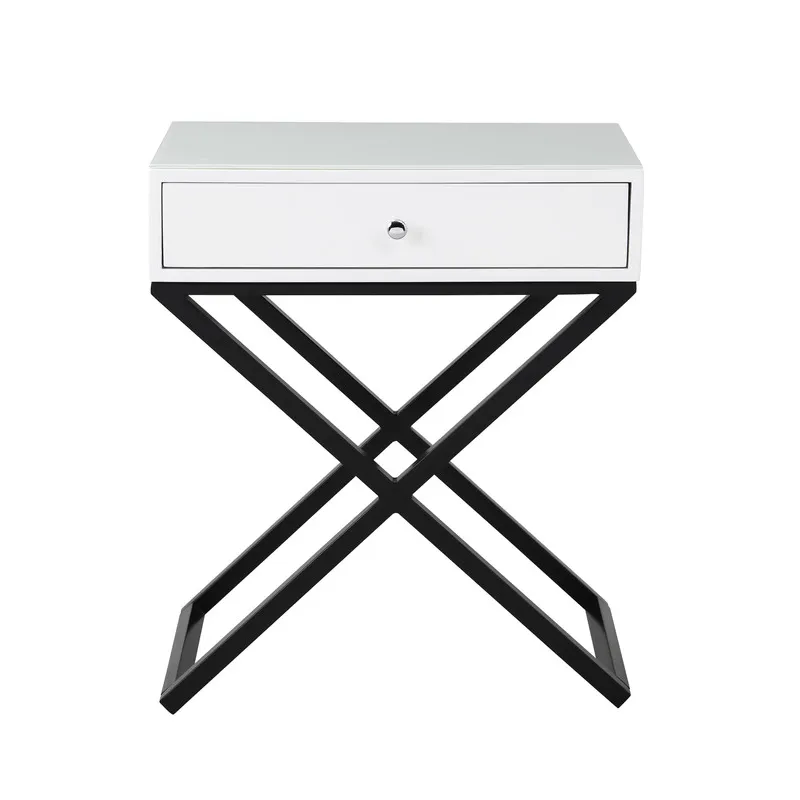 Koda - Wooden End Side Table Nightstand With Glass Top, Drawer And Metal Cross Base - White