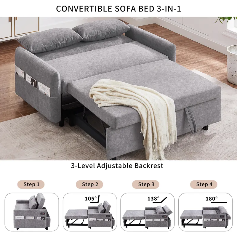 Pull Out Sleep Sofa Bed Loveseats Sofa Couch With Adjsutable Backrest, Storage Pockets, 2 Soft Pillo