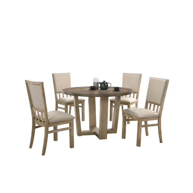 Brutus - 5 Piece Wide Contemporary Round Dining Table With Wheat Colored Fabric Chairs (Set of 5) - 