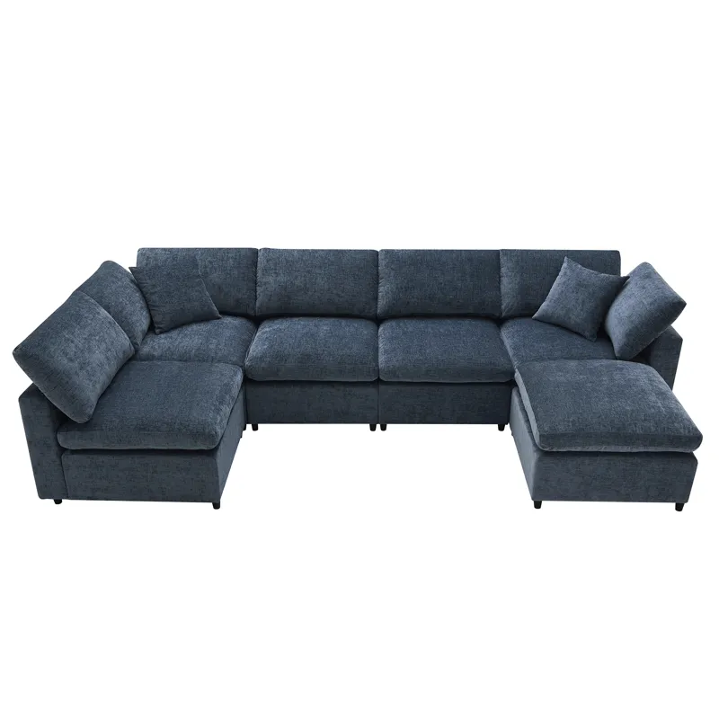 Modern Modular Cloud Sofa Bed, 6 Seat Chenille Sectional Couch Set With Ottoman, Free Combination, C