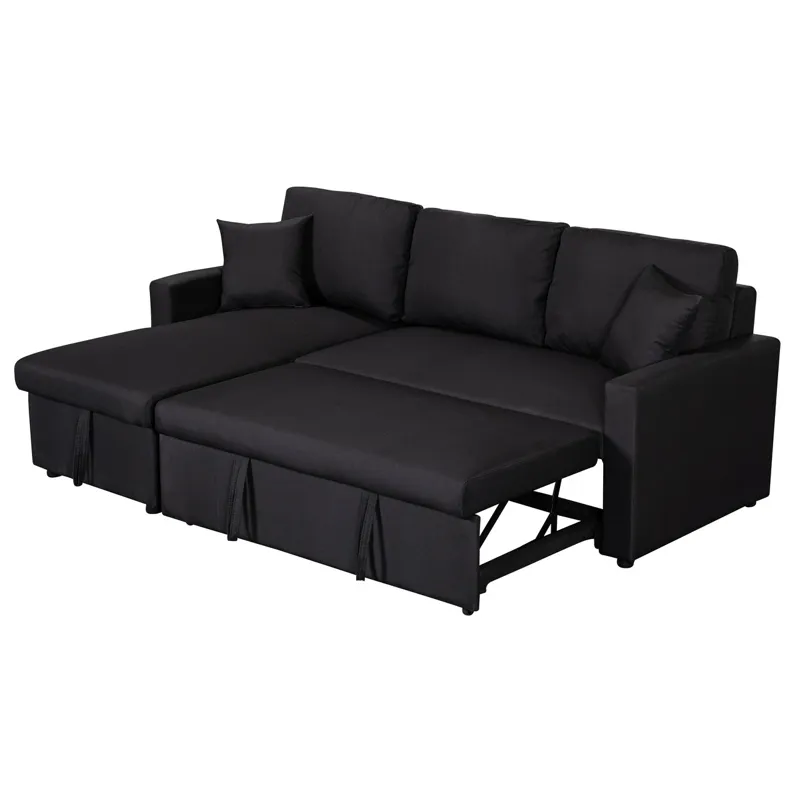Paisley - Linen Fabric Reversible Sleeper Sectional Sofa With Storage Chaise - Black