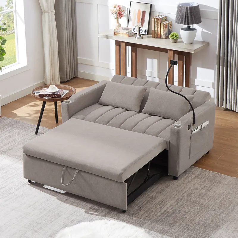 Convertible Sofa Bed Loveseat Sofa With Three USB Ports, Two Side Pockets, Two Cup Holders And 360° 