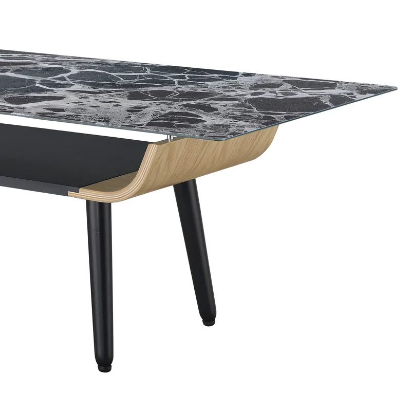 Landon - Table With Glass Black Marble Texture Top And Bent Wood Design - Coffee