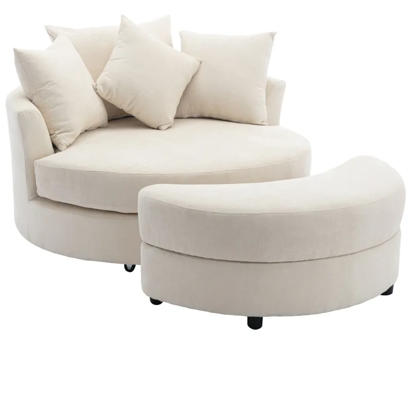 360° Swivel Accent Barrel Chair With Storage Ottoman & 4 Pillows, Modern Chenille Leisure Chair Round Accent For Living Room - Cream