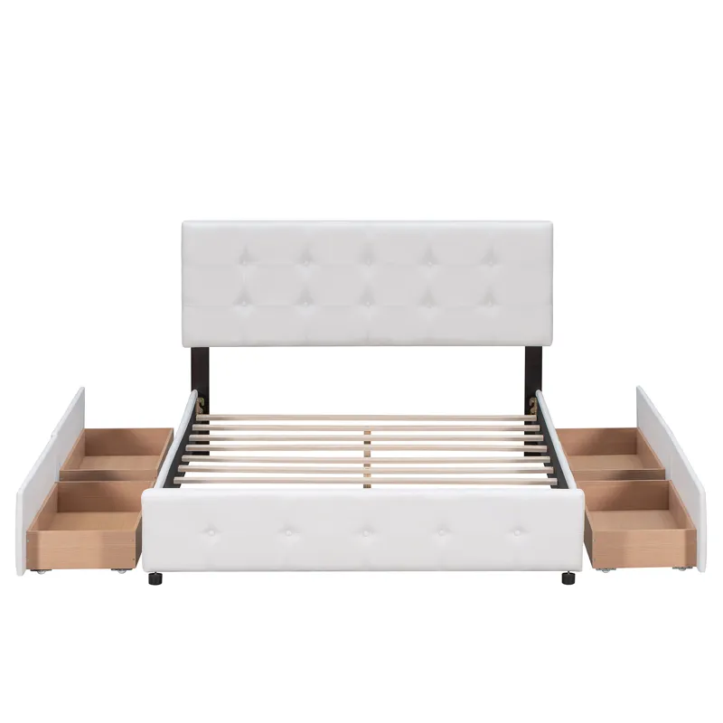 Queen Size Upholstered Platform Bed With Classic Headboard And 4 Drawers, No Box Spring Needed - Whi
