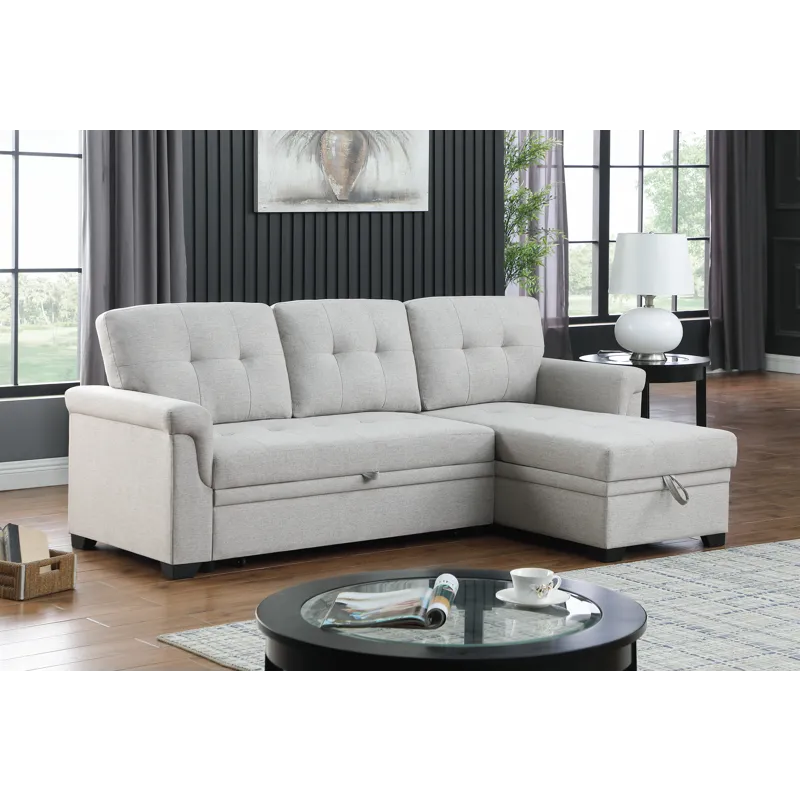 Lucca - Linen Reversible Sleeper Sectional Sofa With Storage Chaise - Light Gray