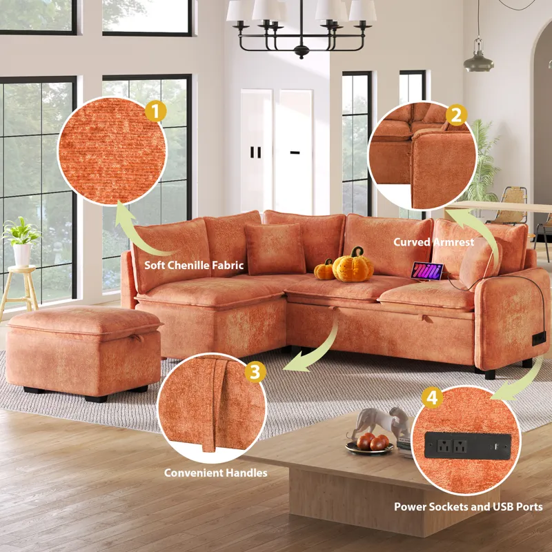 Convertible Sofa Bed Sectional Sofa Sleeper L-Shaped Sofa With A Storage Ottoman, Two Pillows, Two P