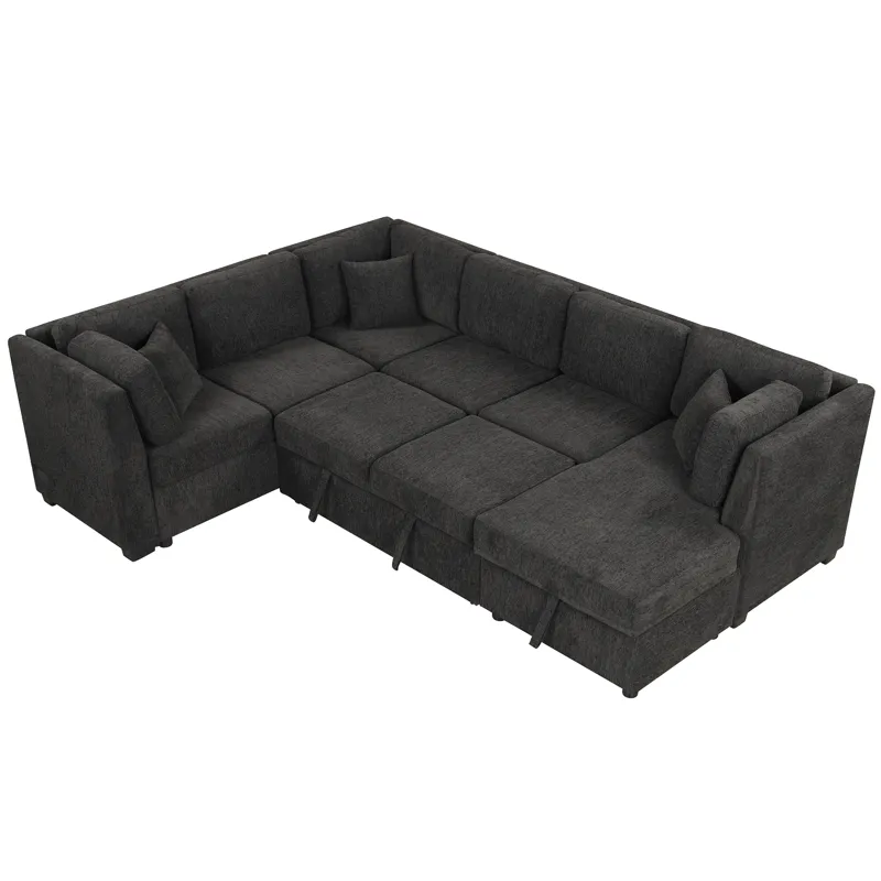 U-Shaped Sectional Sofa Pull Out Sofa Bed With Two USB Ports, Two Power Sockets, Three Back Pillows 