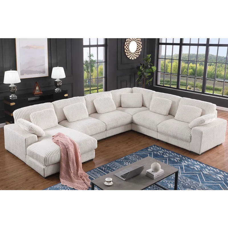 Nadine - 155.5\"W Beige Corduroy Corner Sectional Sofa With Left-Facing Chaise