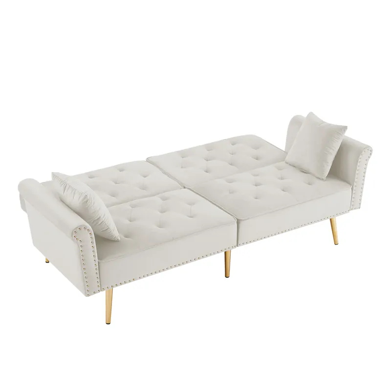 Velvet Tufted Sofa Couch With 2 Pillows And Nailhead Trim - Beige