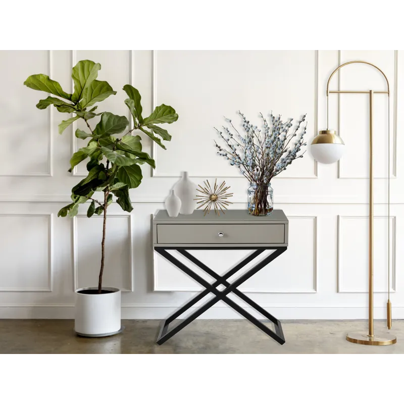 Koda - Wooden End Side Table Nightstand With Glass Top, Drawer And Metal Cross Base - Taupe