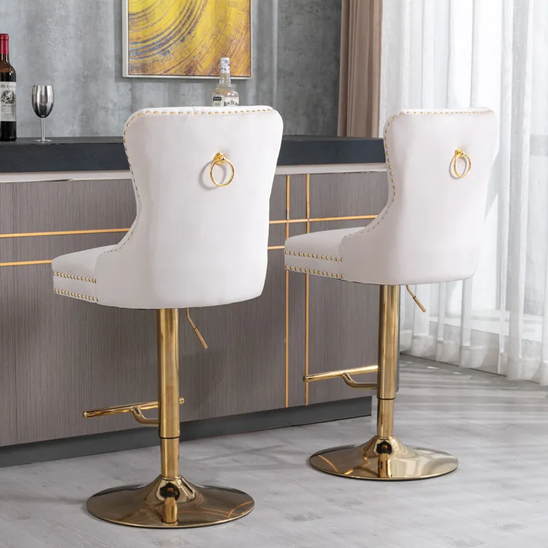 Thick Golden Swivel Velvet Barstools Adjusatble Seat Height From 27-35\", Modern Upholstered Bar Sto