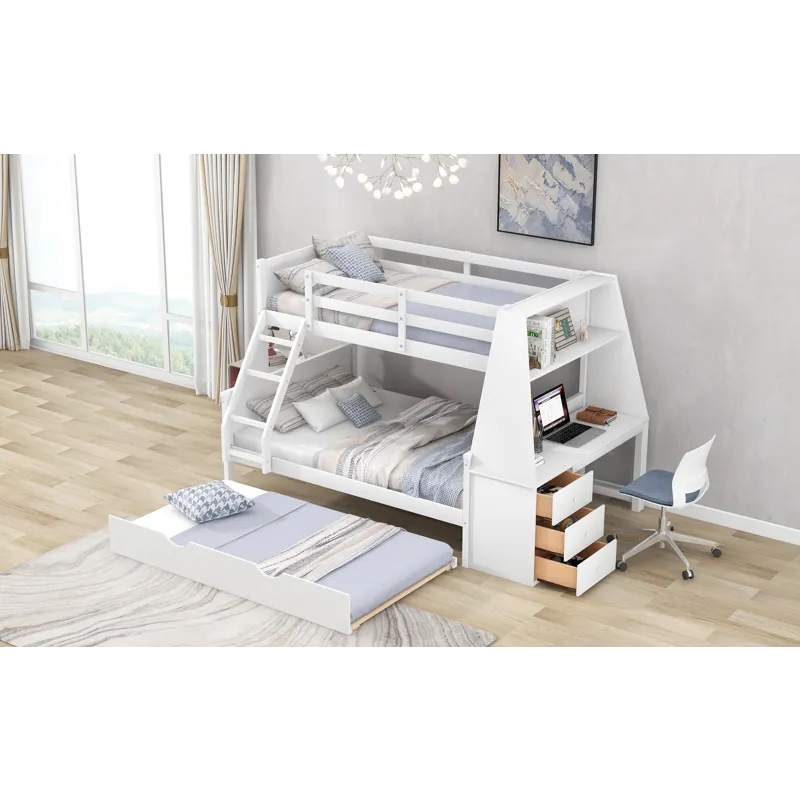 Twin Over Full Bunk Bed With Trundle And Built-In Desk, Three Storage Drawers And Shelf - White