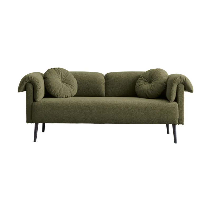 Modern Lamb Wool Sofa With Decorative Throw Pillows For Small Spaces - Emerald