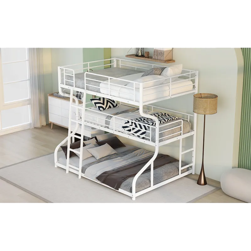 Full Long Over Twin Long Over Queen Size Triple Bunk Bed With Long And Short Ladder - White