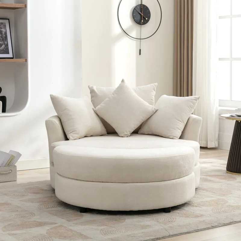 360° Swivel Accent Barrel Chair With Storage Ottoman & 4 Pillows, Modern Chenille Leisure Chair Round Accent For Living Room - Cream