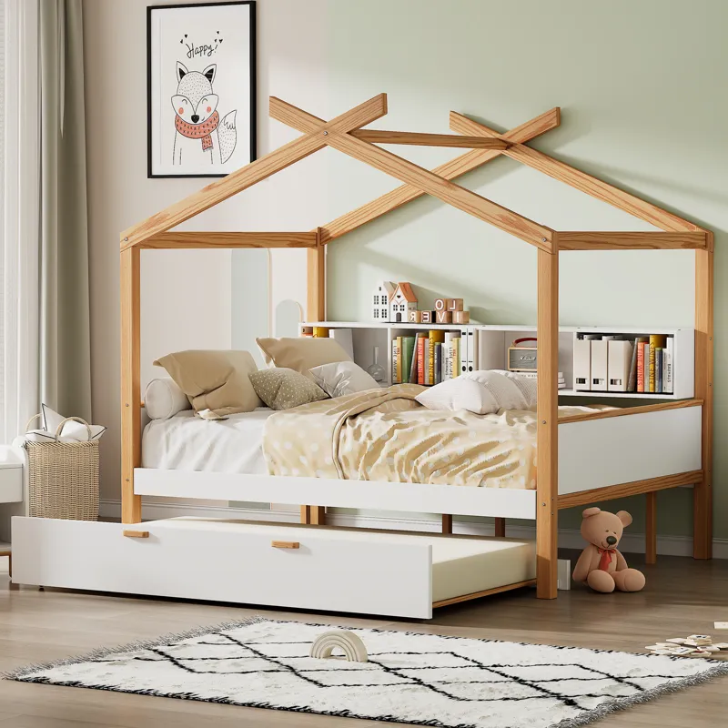Twin Size Wooden House Bed With Original Wood Colored Frame Twin Size Trundle And Bookshelf Storage 