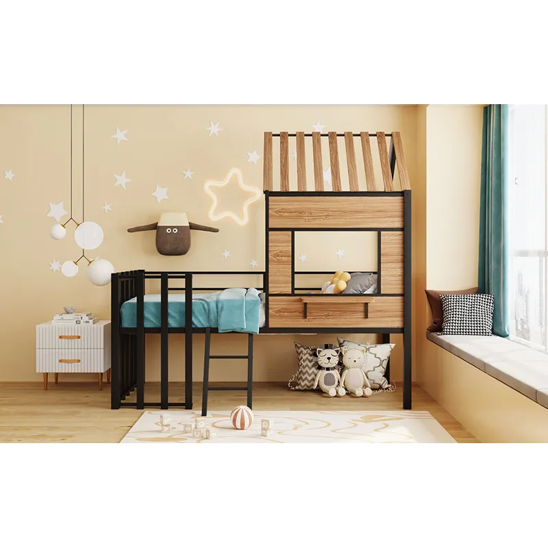 Twin Size Loft Bed With Roof, Window, Guardrail, Ladder Black