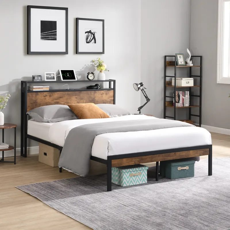 Queen Size Metal Platform Bed Frame With Wooden Headboard And Footboard With USB Liner, No Box Sprin