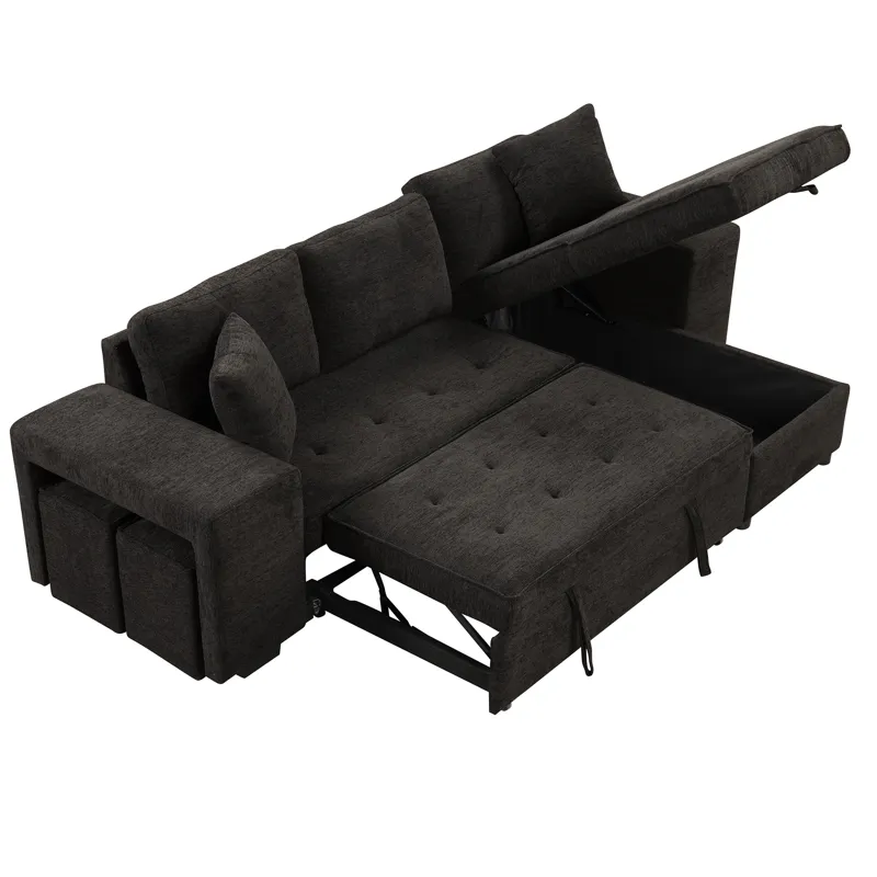 Modern L-Shape 3 Seat Reversible Sectional Couch, Pull Out Sleeper Sofa With Storage Chaise And 2 St