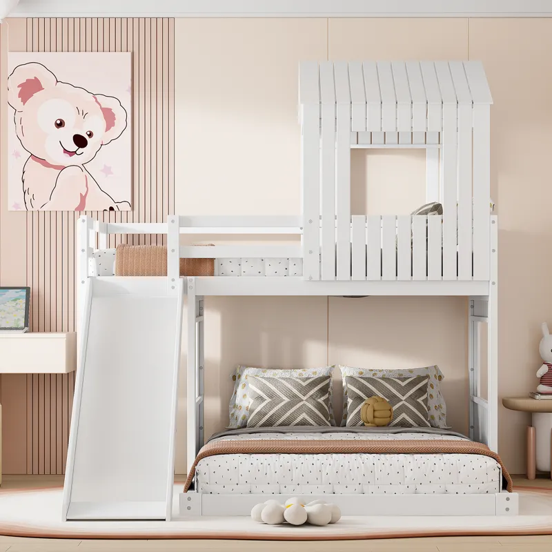 Wooden Twin Over Full Bunk Bed, Loft Bed With Playhouse, Farmhouse, Ladder, Slide And Guardrails - W