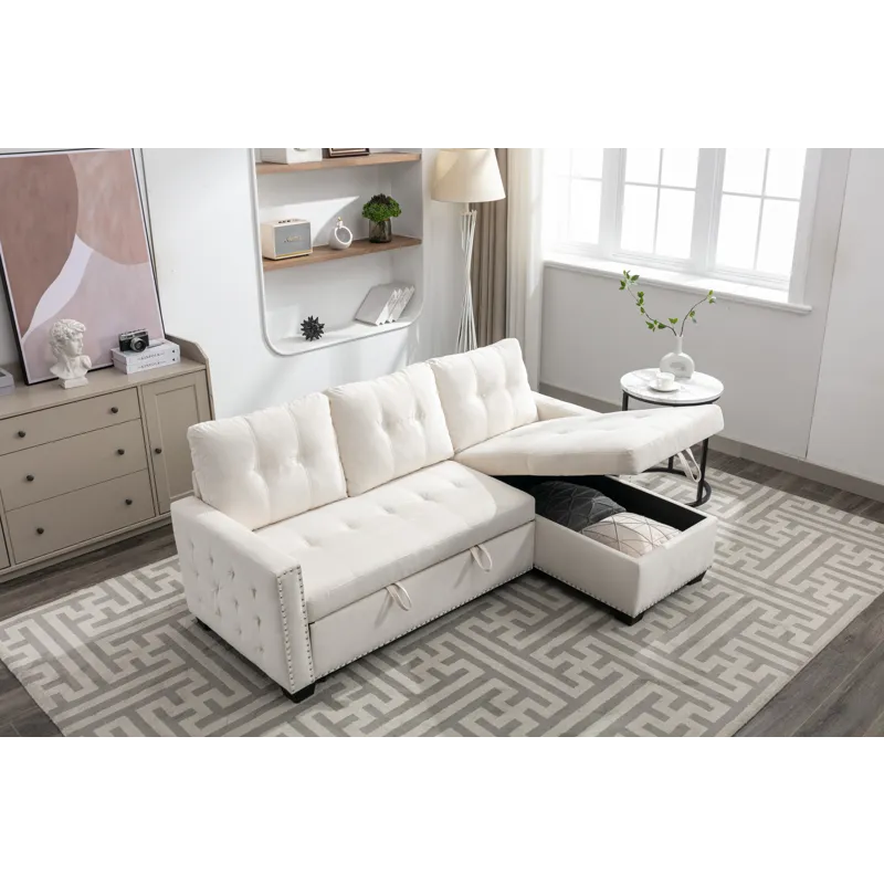 Reversible Sectional Storage Sleeper Sofa Bed, L-Shape 2 Seat Sectional Chaise With Storage, Skin-Fe