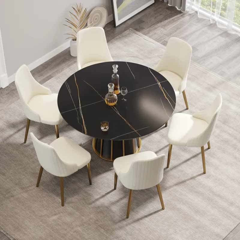 Modern Artificial Stone Round Metal Iron Base Dining Table, Can Accommodate 6 People (Not Including 