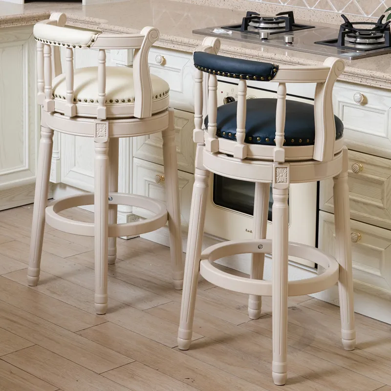 26\'\' Leather Wooden Bar Stool - Cream / Blue