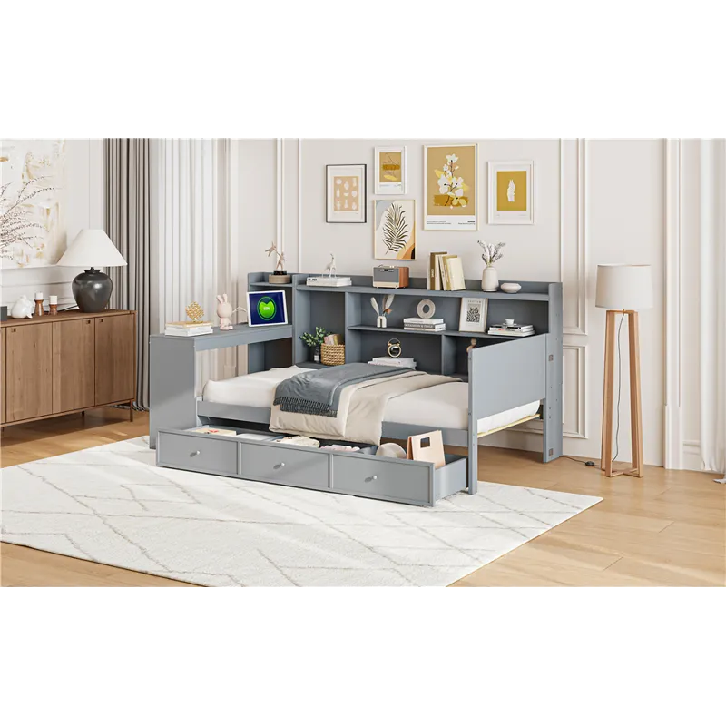 Twin Size Wooden Daybed With 3 Drawers, USB Ports And Desk - Gray