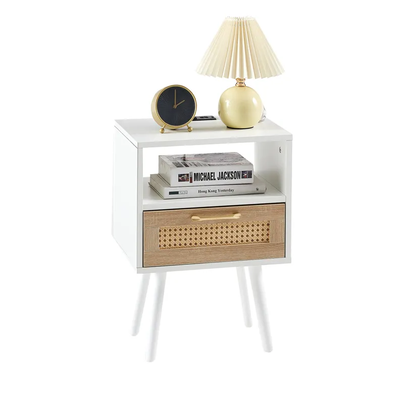 15.75\" Rattan End Table With Power Outlet & USB Ports, Modern Nightstand With Drawer And Solid Wood