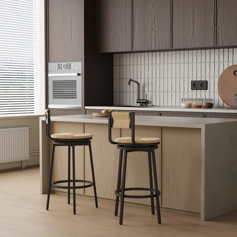 Honey Swivel Bar Stools Paper Rope Handwoven Barstools With Back (Set of 2) Rustic Round Counter Cha