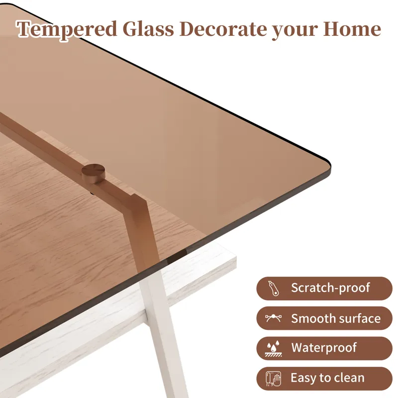 Rectangle Coffee Table, Tempered Glass Tabletop With White Metal Legs, Modern Table For Living Room 