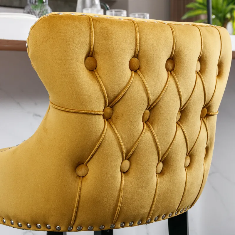 Contemporary Velvet Upholstered Wing-Back Barstools With Button Tufted Decoration And Wooden Legs, A