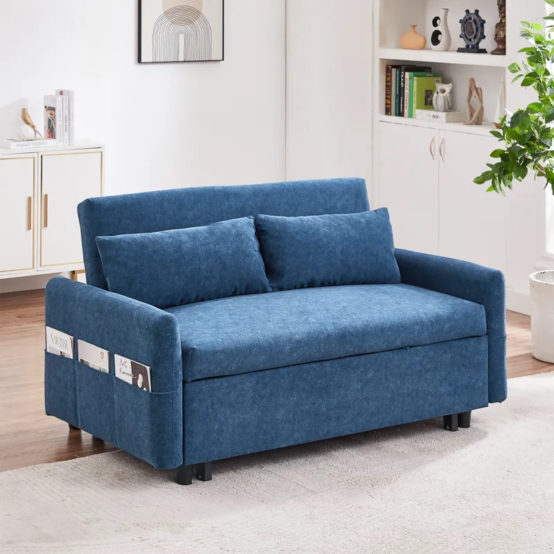 Pull Out Sleep Sofa Bed Loveseats Sofa Couch With Adjsutable Backrest, Storage Pockets, 2 Soft Pillo