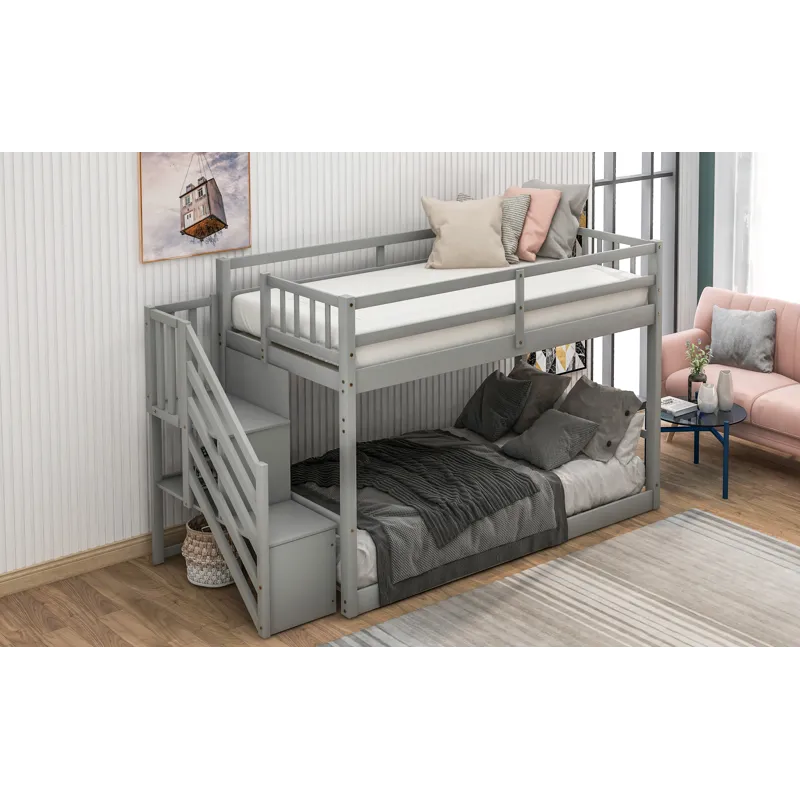 Twin Over Twin Floor Bunk Bed, Ladder With Storage - Gray
