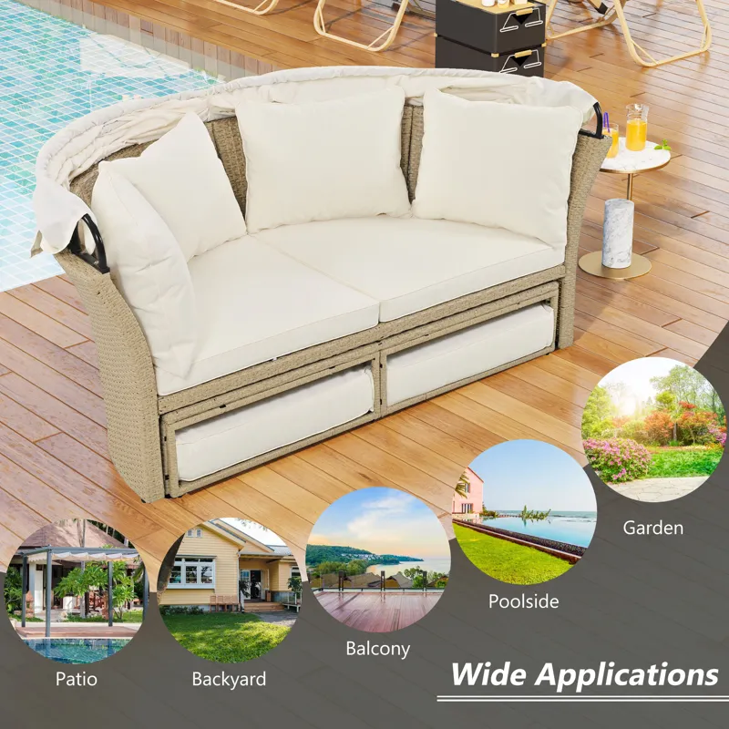 Outdoor Patio Daybed Wicker Rattan Double Daybed Round Sofa Furniture Set With Retractable Canopy, 4