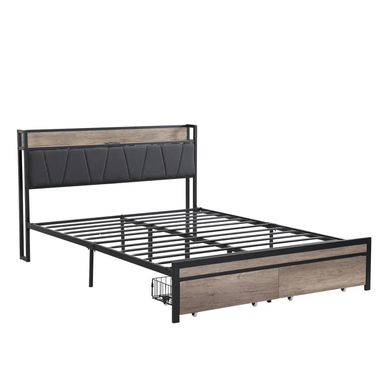 Queen Size Metal Platform Bed Frame With Upholsteryolstery Storage Function Headboard And USB Liner 