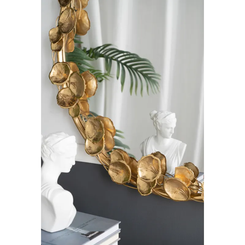 Round Metal Wall Mirror With Leaf Accents, Modern Decor Mirror For Living Room Entryway Hallway - Go