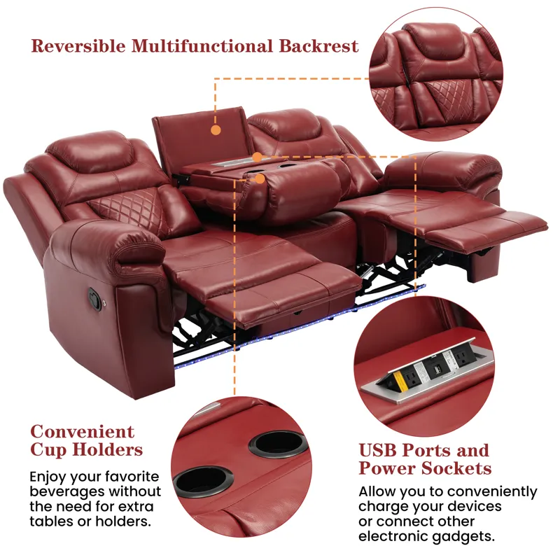 3 Pieces Recliner Sofa Sets Home Theater Seating Manual Recliner Chair With Center Console And Led L