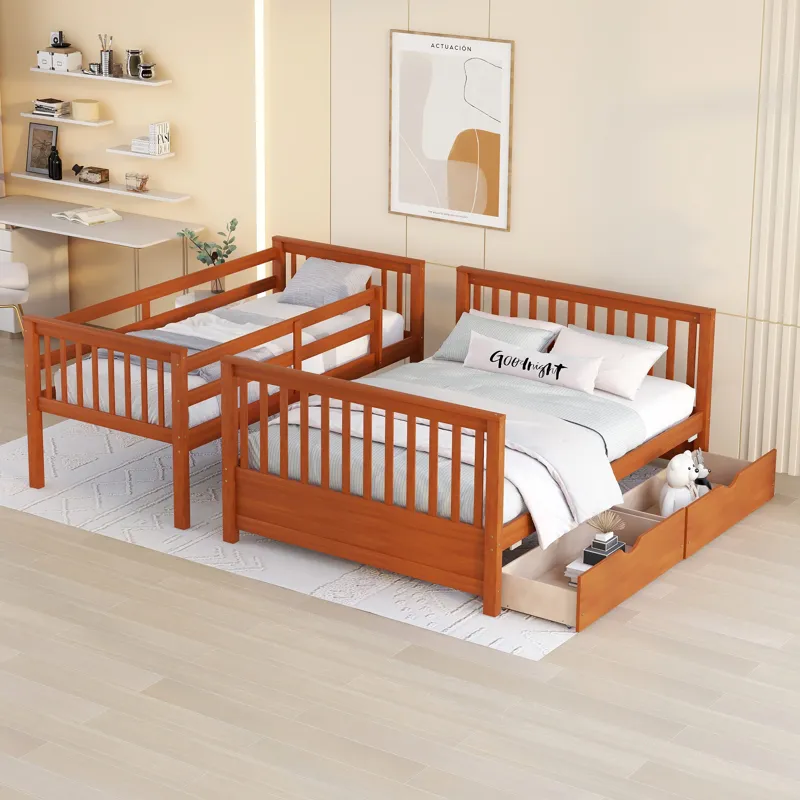 Twin Over Full Bunk Bed With Ladders And Two Storage Drawers - Walnut